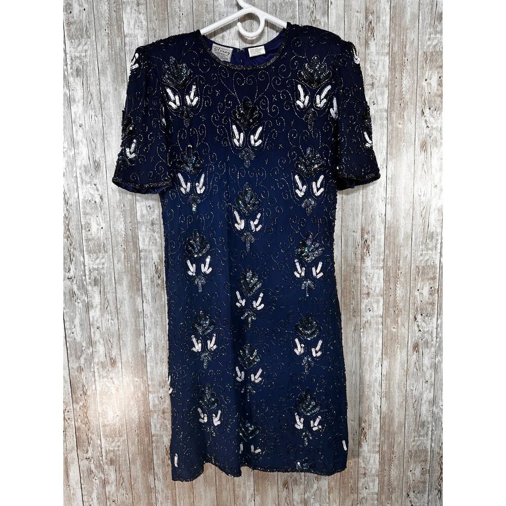 Vintage 80s Stenay Sheath Dress Womens 14 Navy Blue Silk Sequin‎ Beaded Cocktail